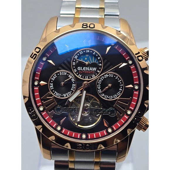 Glenaw Automatic Open Heart Two Tone Stainless Steel 45mm 3ATM Watch Day Date WR - Picture 4 of 11